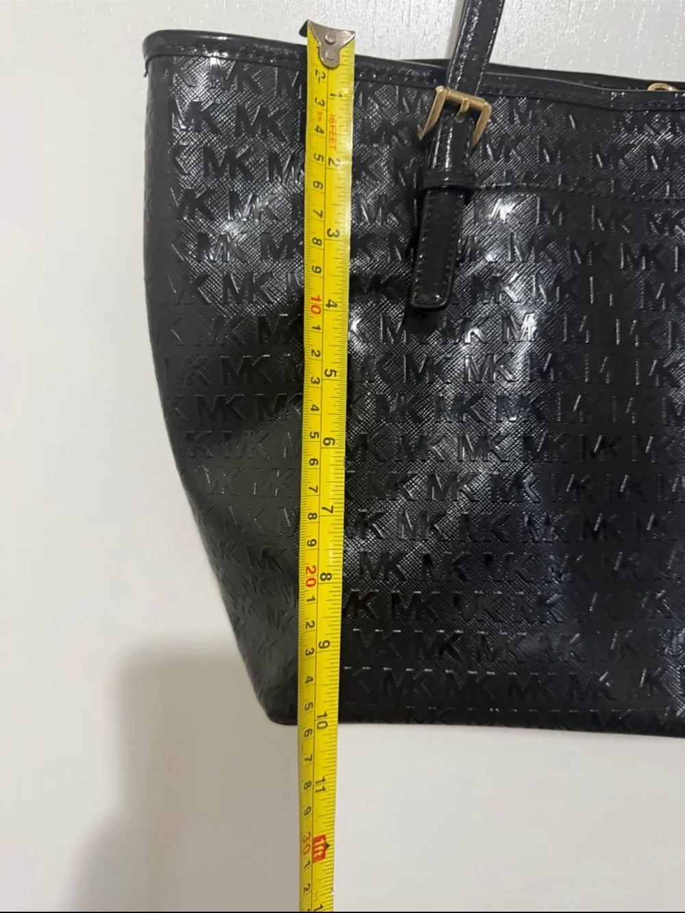 Michael Kors Black Embossed MK Patent Tote with Gold Hardware